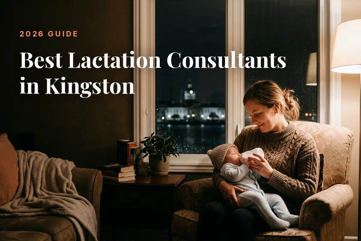 Mother feeding her baby at home in Kingston at night, cover image for the Betteroo guide to the best lactation consultants in Kingston in 2026