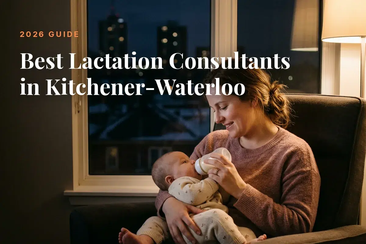 Mother feeding her baby at home in Kitchener-Waterloo at night, cover image for the Betteroo guide to the best lactation consultants in Kitchener-Waterloo in 2026