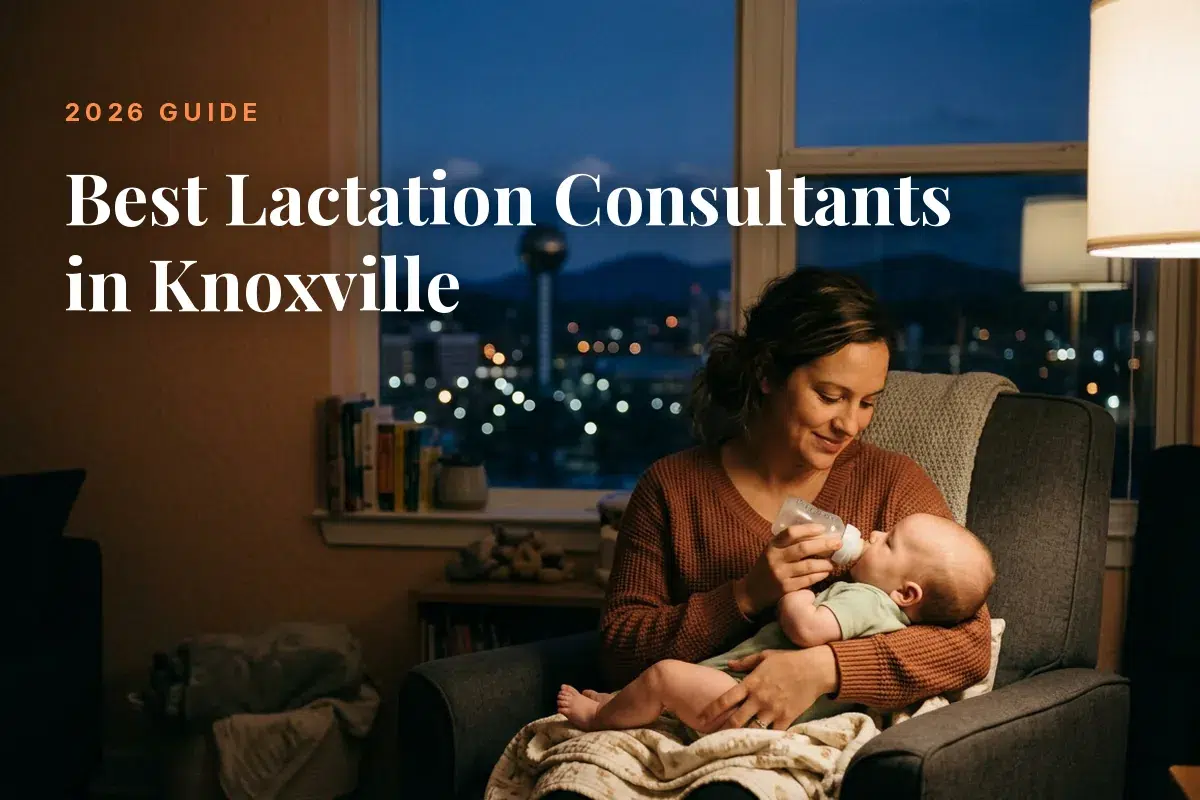Mother feeding her baby at home in Knoxville at night, cover image for the Betteroo guide to the best lactation consultants in Knoxville in 2026