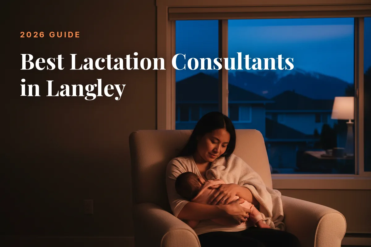 Mother feeding her baby at home in Langley at night, cover image for the Betteroo guide to the best lactation consultants in Langley in 2026