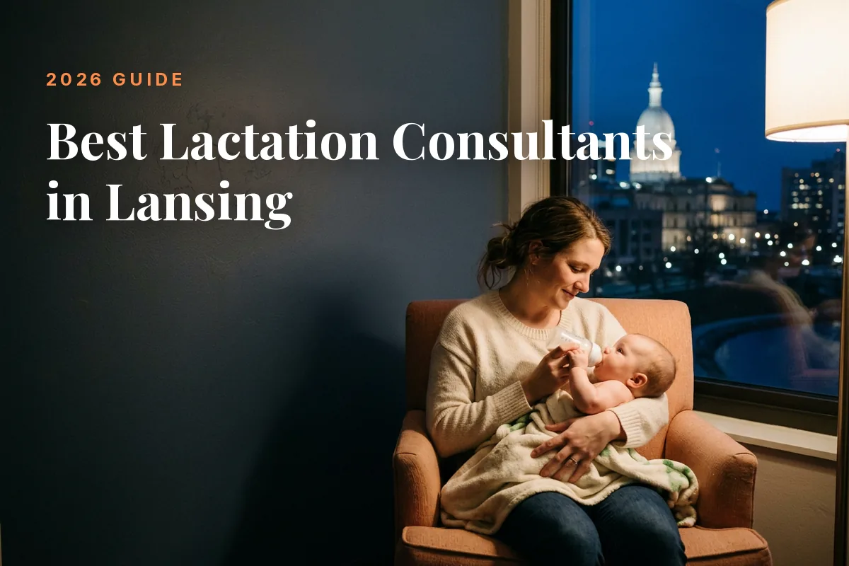 Mother feeding her baby at home in Lansing at night, cover image for the Betteroo guide to the best lactation consultants in Lansing in 2026