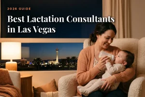 Best lactation consultants in Las Vegas guide cover: mother bottle feeding her baby in a warm evening living room with the Las Vegas skyline through the window