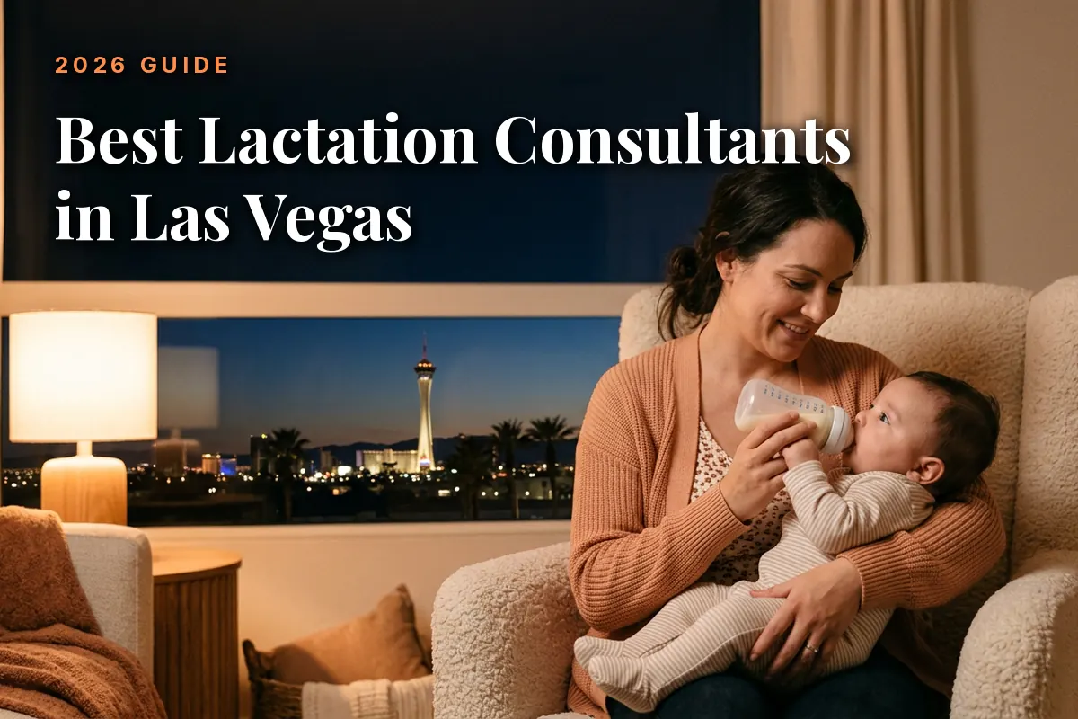 Best lactation consultants in Las Vegas guide cover: mother bottle feeding her baby in a warm evening living room with the Las Vegas skyline through the window