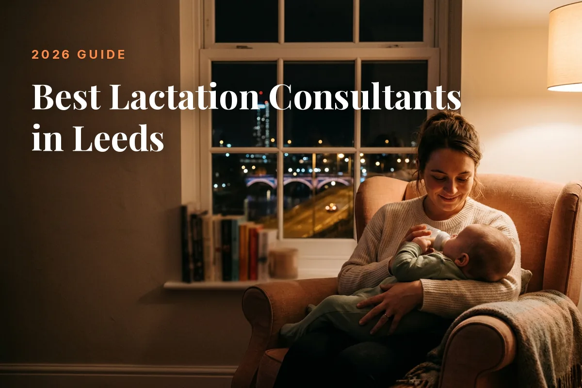 Mother feeding her baby at home in the evening in Leeds, illustrating a guide to the best lactation consultants in Leeds