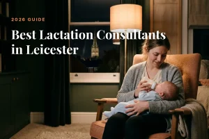 Mother feeding her baby at home in Leicester at night, cover image for the Betteroo guide to the best lactation consultants in Leicester in 2026