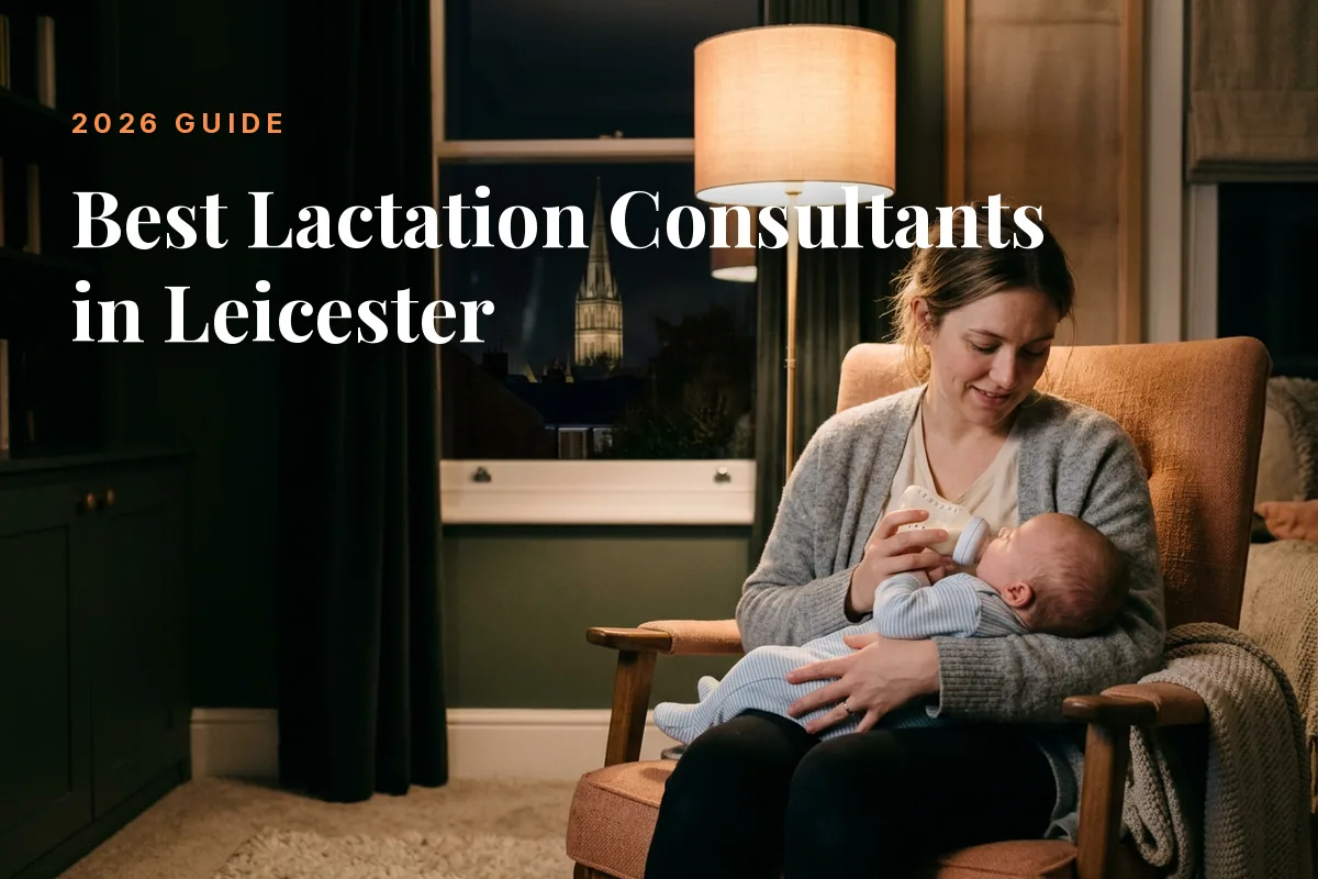 Mother feeding her baby at home in Leicester at night, cover image for the Betteroo guide to the best lactation consultants in Leicester in 2026