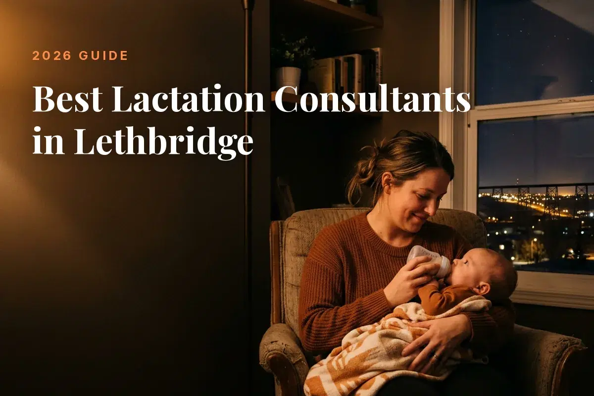 Mother feeding her baby at home in Lethbridge at night, cover image for the Betteroo guide to the best lactation consultants in Lethbridge in 2026