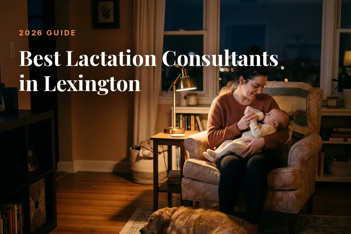 Mother feeding her baby at home in Lexington at night, cover image for the Betteroo guide to the best lactation consultants in Lexington in 2026