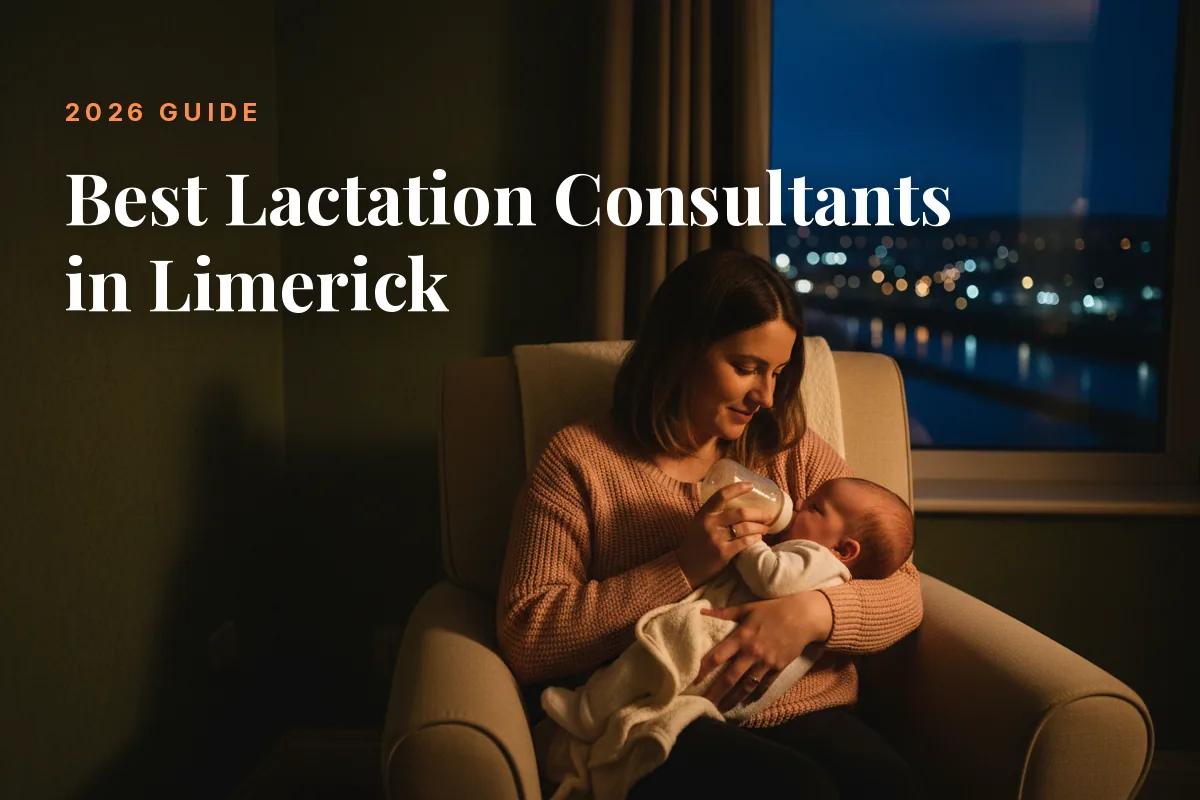 Mother feeding her baby at home in Limerick at night, cover image for the Betteroo guide to the best lactation consultants in Limerick in 2026