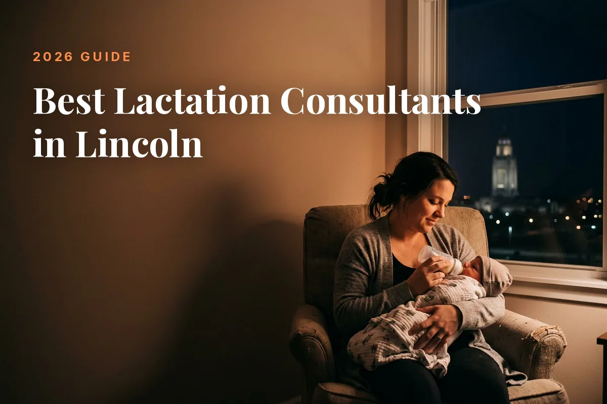 Mother feeding her baby at home in Lincoln at night, cover image for the Betteroo guide to the best lactation consultants in Lincoln in 2026