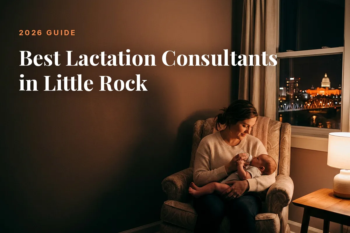 Mother feeding her baby at home in Little Rock at night, cover image for the Betteroo guide to the best lactation consultants in Little Rock in 2026