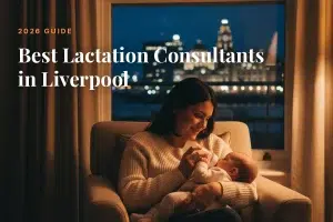 Mother feeding her baby at home in Liverpool at night, cover image for the Betteroo guide to the best lactation consultants in Liverpool in 2026