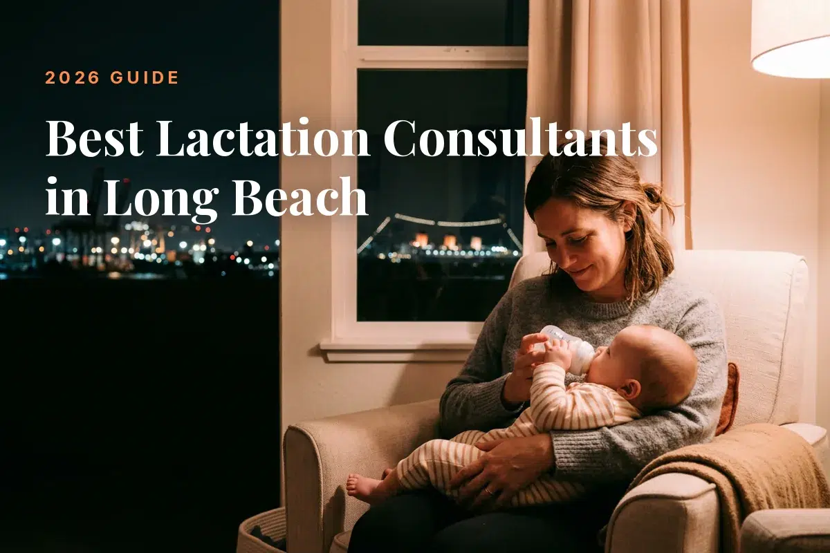 Mother feeding her baby at home in Long Beach at night, cover image for the Betteroo guide to the best lactation consultants in Long Beach in 2026