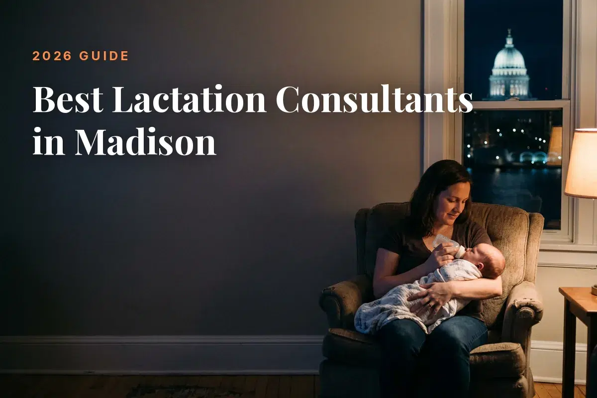 Mother feeding her baby at home in Madison at night, cover image for the Betteroo guide to the best lactation consultants in Madison in 2026