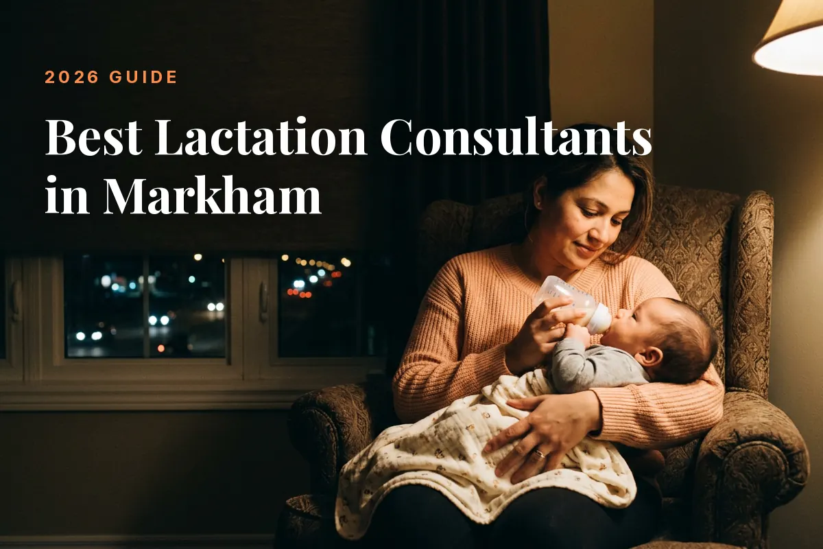 Mother feeding her baby at home in Markham at night, cover image for the Betteroo guide to the best lactation consultants in Markham in 2026