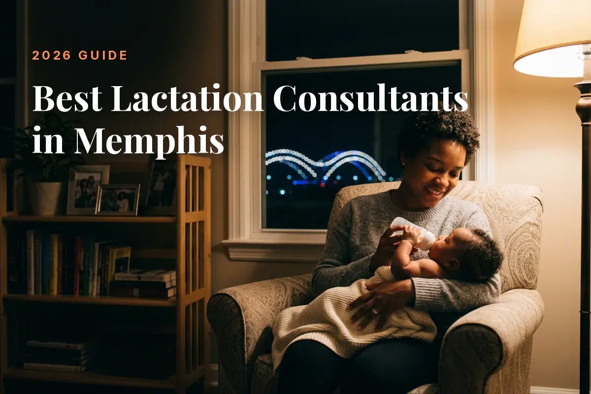 Mother feeding her baby at home in Memphis at night, cover image for the Betteroo guide to the best lactation consultants in Memphis in 2026