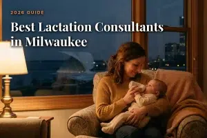 Best lactation consultants in Milwaukee guide cover: mother bottle feeding her baby in a warm evening living room with the Milwaukee skyline through the window