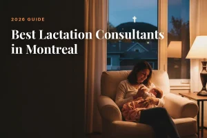 Mother feeding her baby at home in Montreal at night, cover image for the Betteroo guide to the best lactation consultants in Montreal in 2026