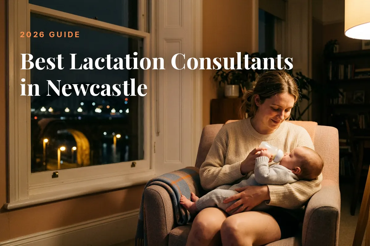 Mother feeding her baby at home in Newcastle at night, cover image for the Betteroo guide to the best lactation consultants in Newcastle in 2026
