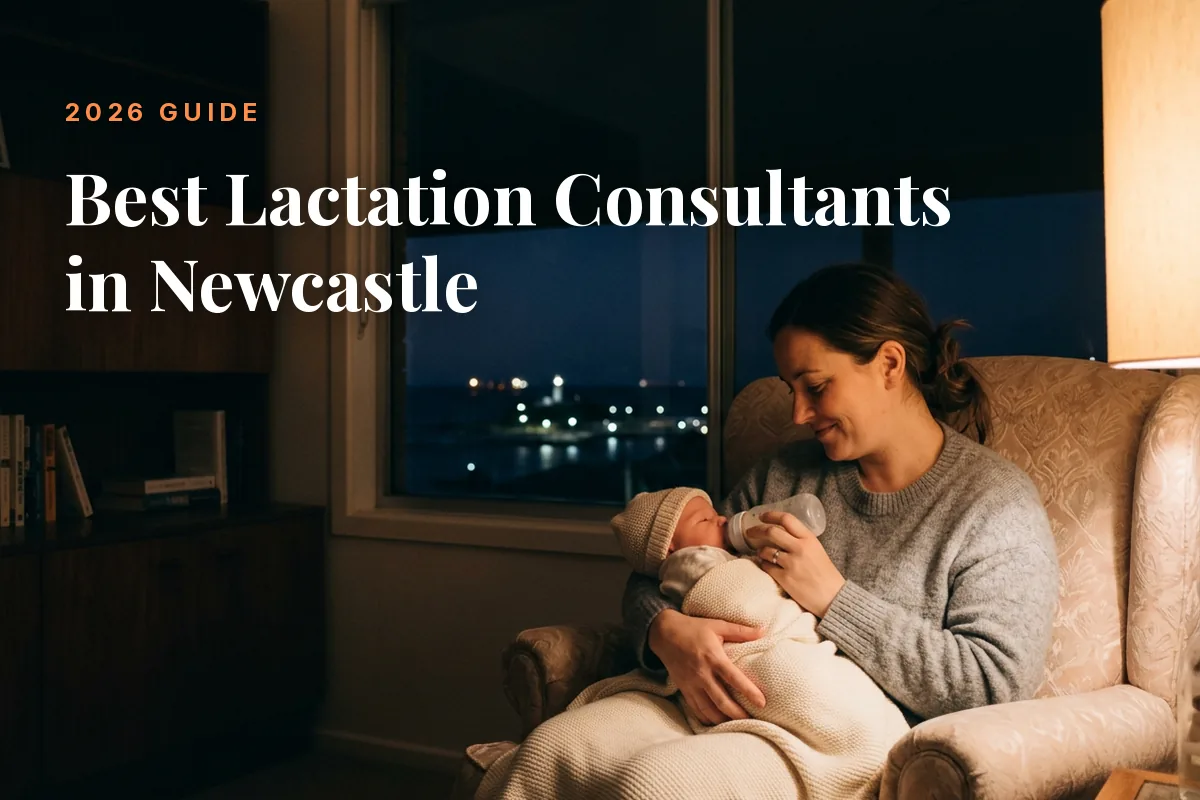 Mother feeding her baby at home in Newcastle at night, cover image for the Betteroo guide to the best lactation consultants in Newcastle in 2026