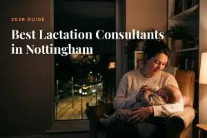 Mother feeding her baby at home in Nottingham at night, cover image for the Betteroo guide to the best lactation consultants in Nottingham in 2026