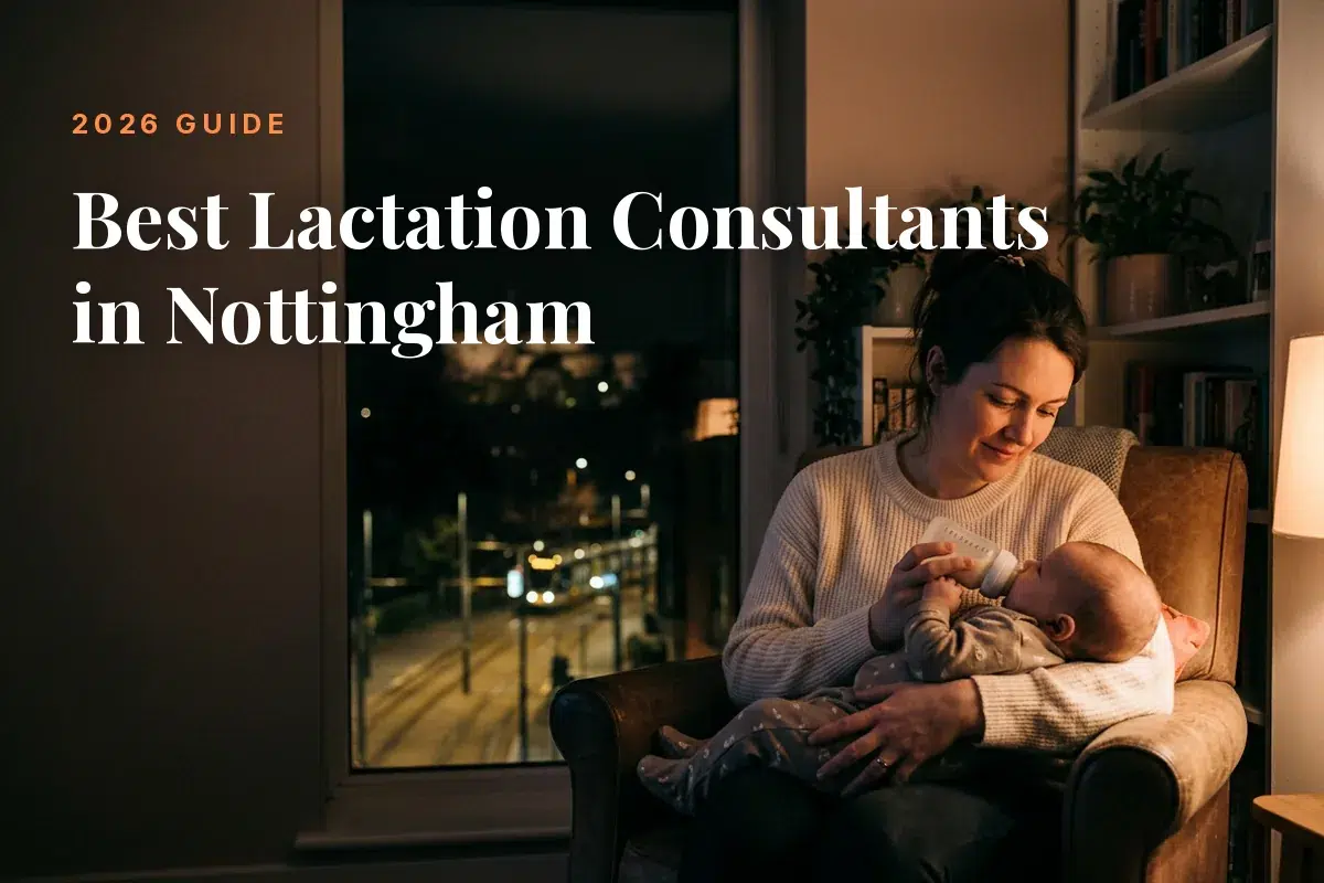 Mother feeding her baby at home in Nottingham at night, cover image for the Betteroo guide to the best lactation consultants in Nottingham in 2026