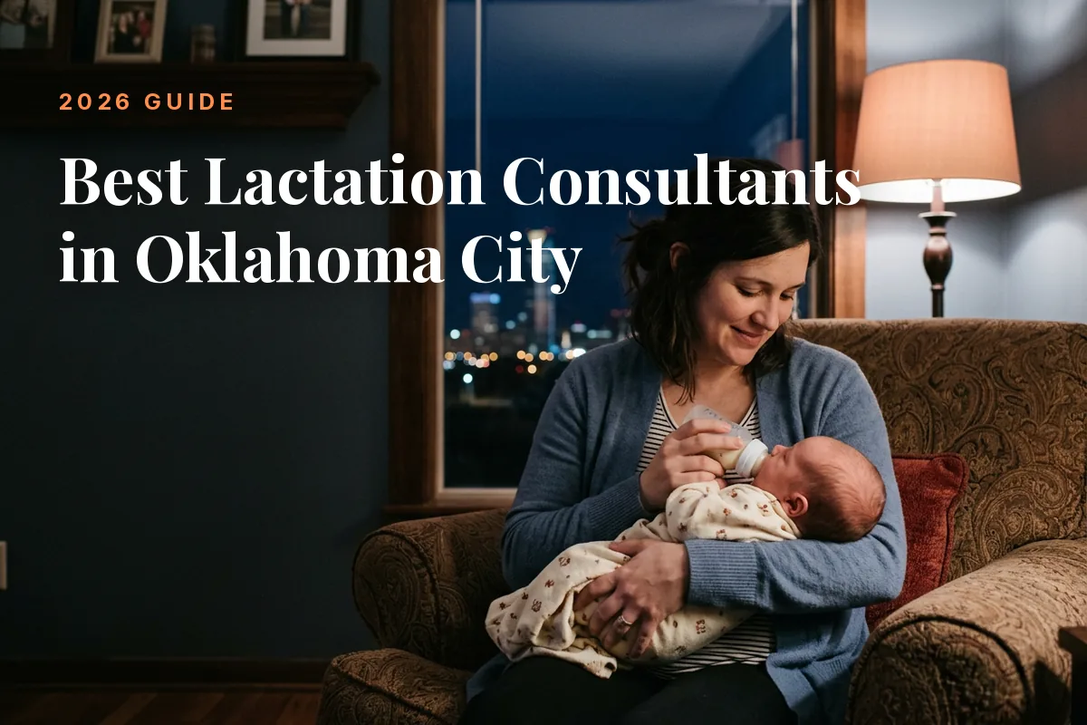 Mother feeding her baby at home in Oklahoma City at night, cover image for the Betteroo guide to the best lactation consultants in Oklahoma City in 2026