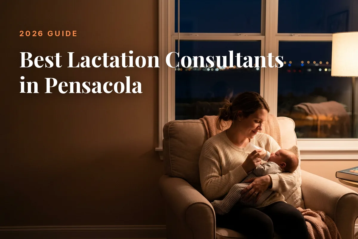 Mother Feeding Her Baby at Home in Pensacola at Night Cover Image for the Betteroo Guide to the Best Lactation Consultants in Pensacola in 2026 | Betteroo Mother feeding her baby at home in Pensacola at night, cover image for the Betteroo guide to the best lactation consultants in Pensacola in 2026