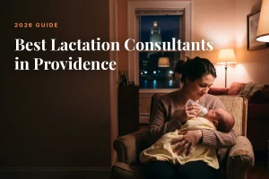 Mother feeding her baby at home in Providence at night, cover image for the Betteroo guide to the best lactation consultants in Providence in 2026