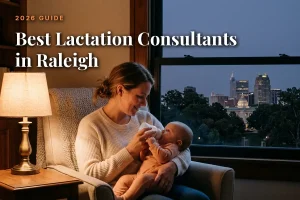 Best lactation consultants in Raleigh guide cover: mother bottle feeding her baby in a warm evening living room with the Raleigh skyline through the window