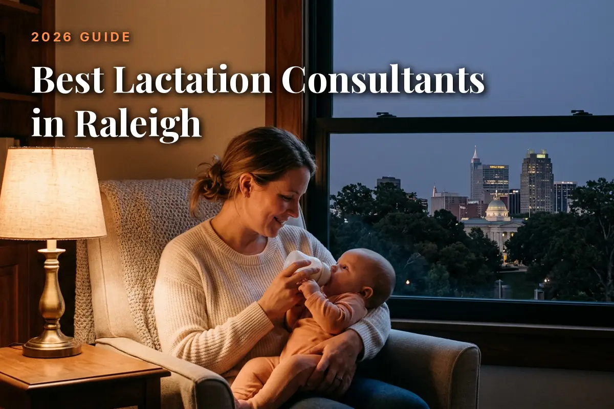 Best lactation consultants in Raleigh guide cover: mother bottle feeding her baby in a warm evening living room with the Raleigh skyline through the window