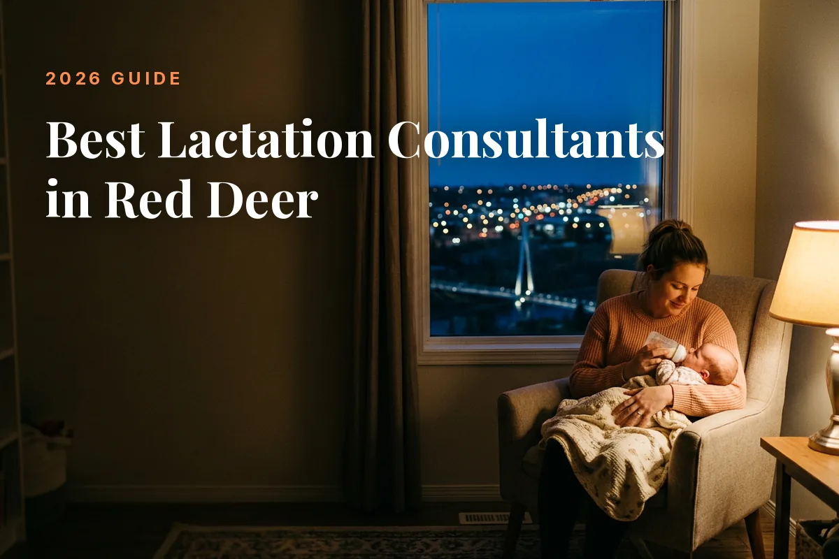 Mother feeding her baby at home in Red Deer at night, cover image for the Betteroo guide to the best lactation consultants in Red Deer in 2026