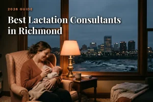Best lactation consultants in Richmond guide cover: mother bottle feeding her baby in a warm evening living room with the Richmond skyline through the window