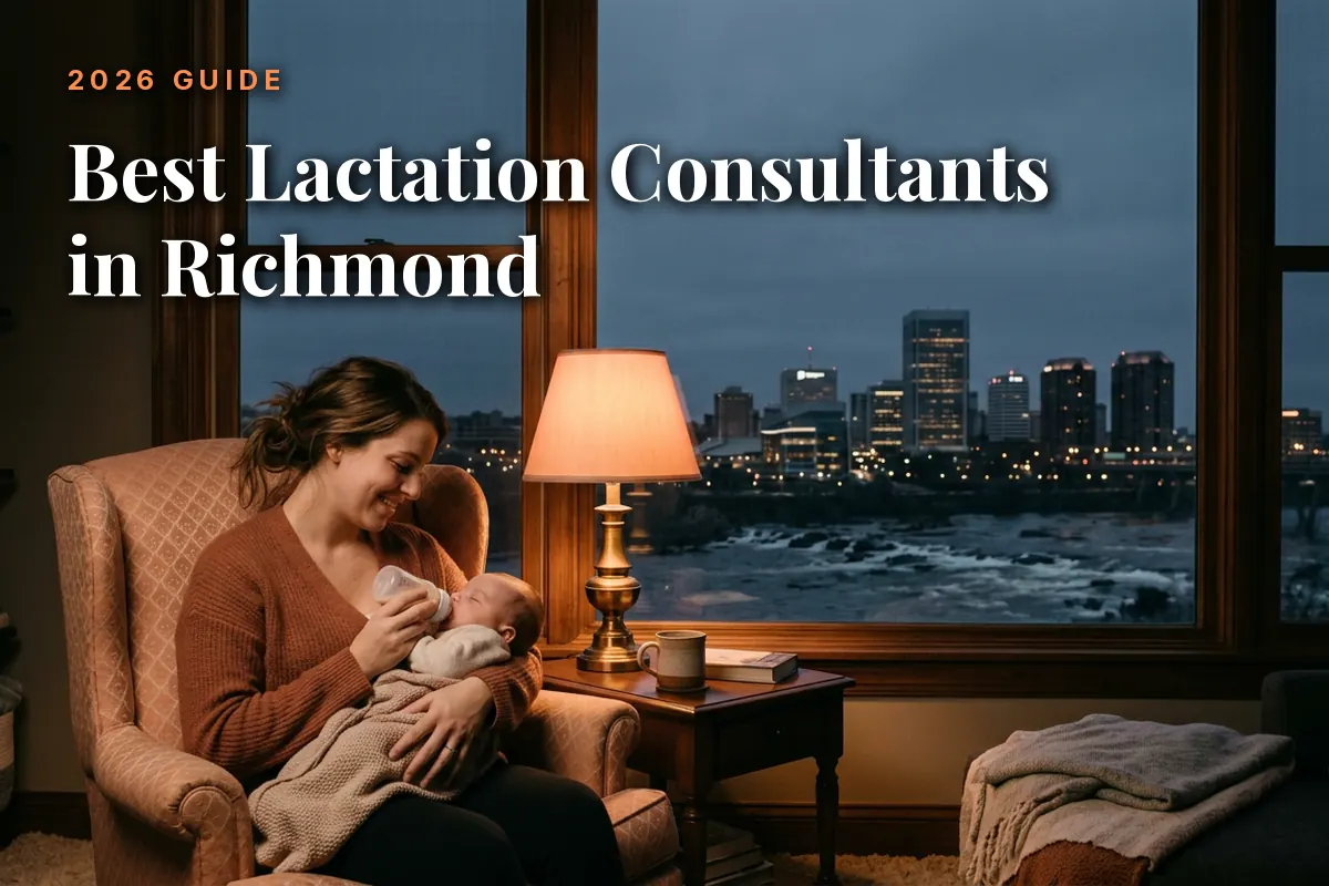 Best lactation consultants in Richmond guide cover: mother bottle feeding her baby in a warm evening living room with the Richmond skyline through the window