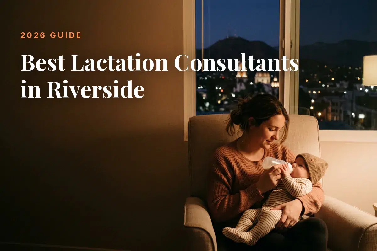 Mother feeding her baby at home in Riverside at night, cover image for the Betteroo guide to the best lactation consultants in Riverside in 2026