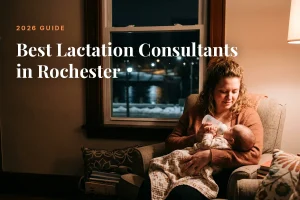 Mother feeding her baby at home in Rochester at night, cover image for the Betteroo guide to the best lactation consultants in Rochester in 2026