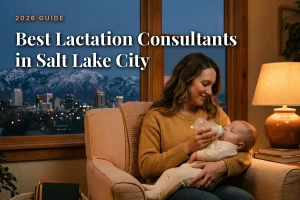 Woman bottle-feeds a baby on a sofa in a cozy living room, with city lights and snowy mountains visible through a large window behind them.