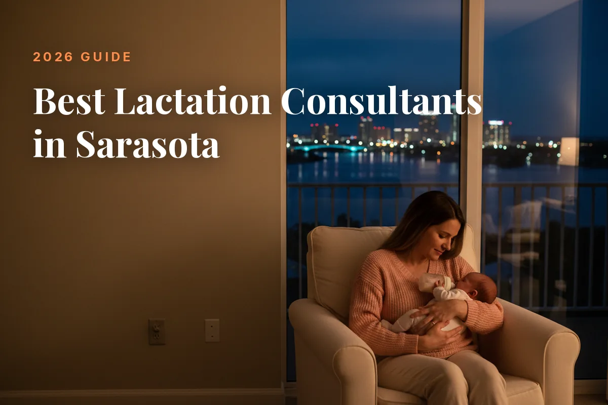 Mother feeding her baby at home in Sarasota at night, cover image for the Betteroo guide to the best lactation consultants in Sarasota in 2026
