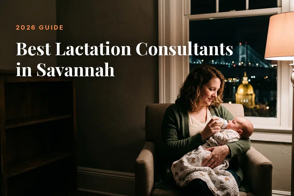 Mother feeding her baby at home in Savannah at night, cover image for the Betteroo guide to the best lactation consultants in Savannah in 2026
