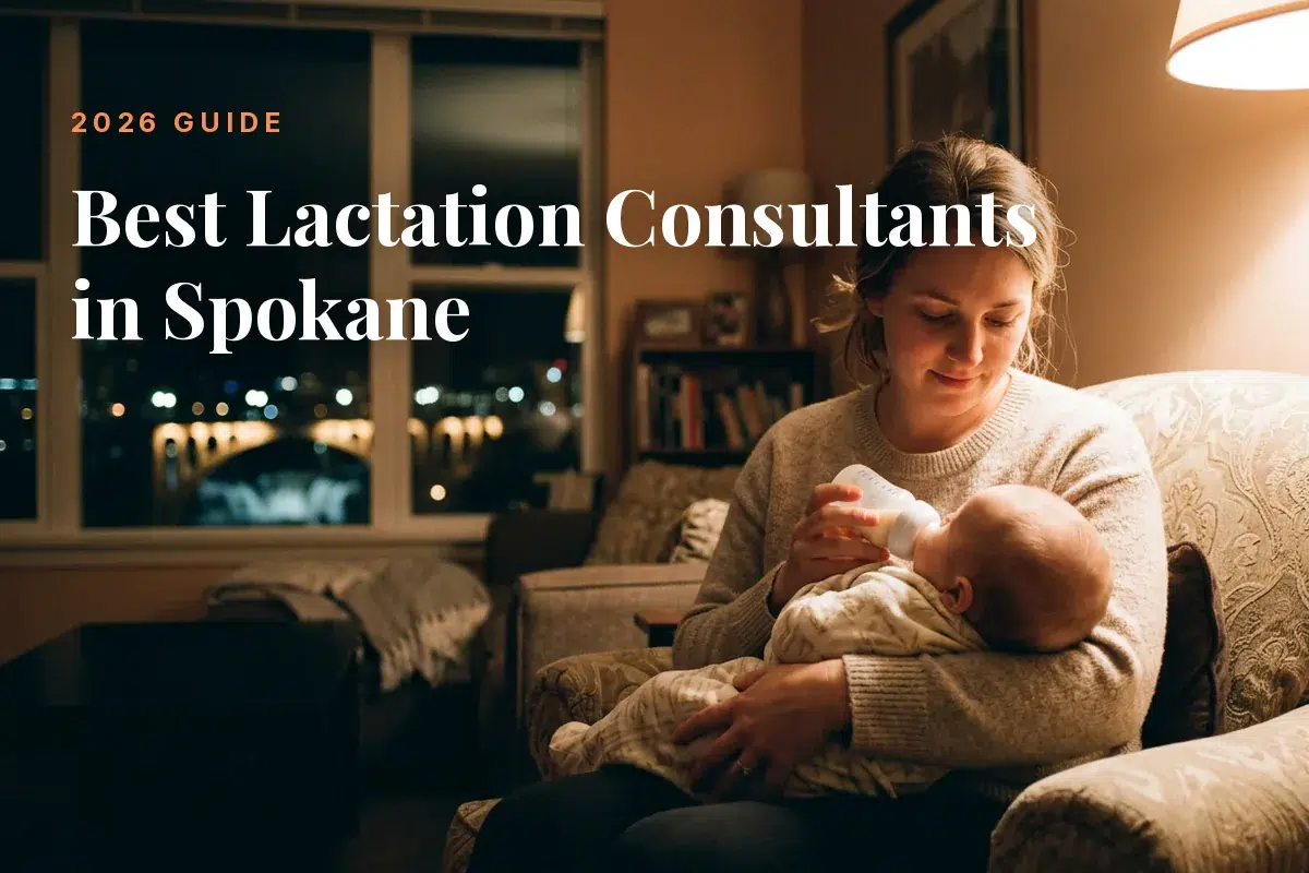 Mother feeding her baby at home in Spokane at night, cover image for the Betteroo guide to the best lactation consultants in Spokane in 2026
