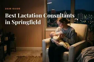 Mother feeding her baby at home in Springfield at night, cover image for the Betteroo guide to the best lactation consultants in Springfield in 2026