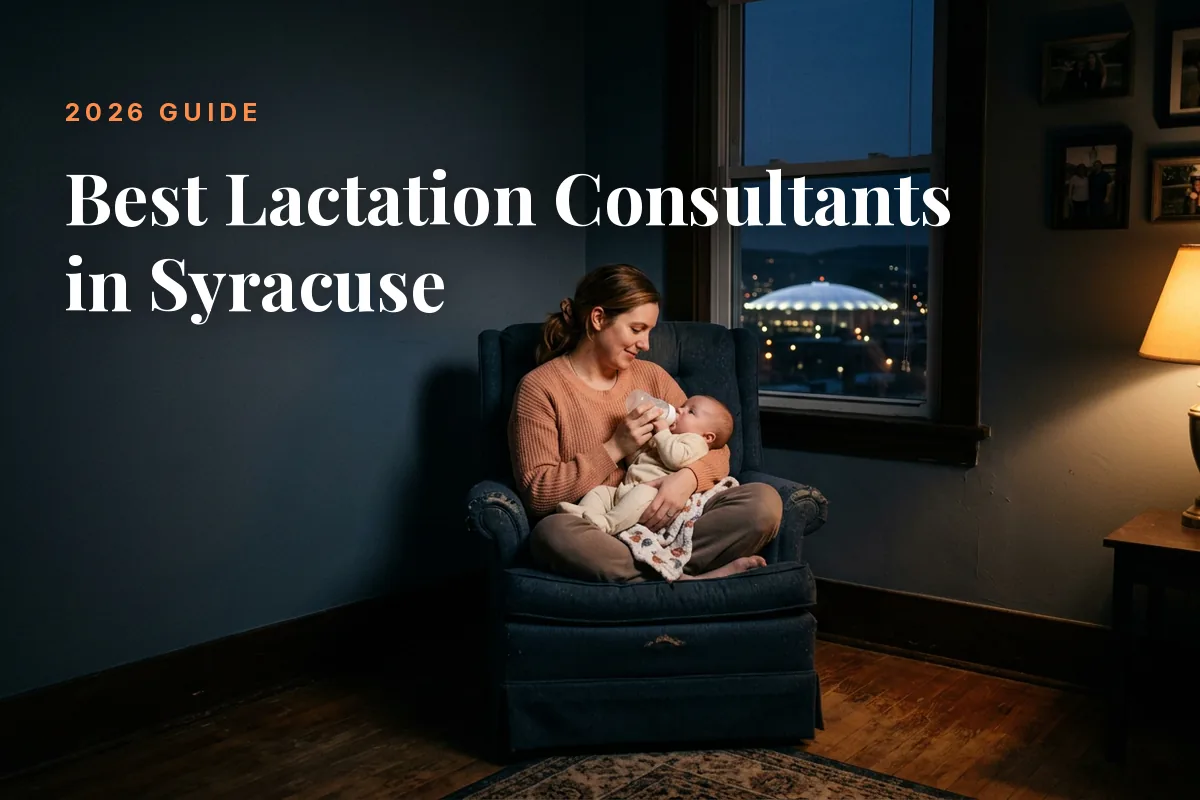 Mother feeding her baby at home in Syracuse at night, cover image for the Betteroo guide to the best lactation consultants in Syracuse in 2026