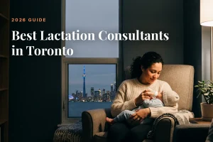 Mother breastfeeding her baby in a cozy living room chair by a window with a city skyline outside; fits an article about Best Lactation Consultants in Toronto (2026 Guide).