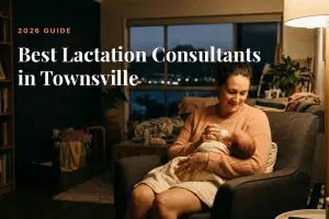 Mother feeding her baby at home in Townsville at night, cover image for the Betteroo guide to the best lactation consultants in Townsville in 2026