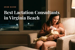 Mother feeding her baby at home in Virginia Beach at night, cover image for the Betteroo guide to the best lactation consultants in Virginia Beach in 2026