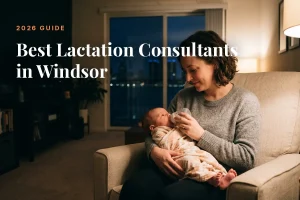 Mother feeding her baby at home in Windsor at night, cover image for the Betteroo guide to the best lactation consultants in Windsor in 2026