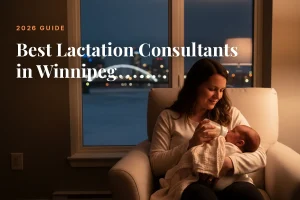Mother feeding her baby at home in Winnipeg at night, cover image for the Betteroo guide to the best lactation consultants in Winnipeg in 2026
