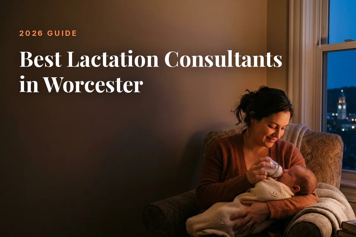 Mother feeding her baby at home in Worcester at night, cover image for the Betteroo guide to the best lactation consultants in Worcester in 2026