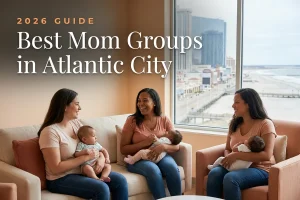 Best mom groups in Atlantic City, NJ: three moms holding their babies at a Atlantic City new-parent meetup