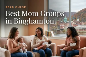 Best mom groups in Binghamton, NY: three moms holding their babies at a Binghamton new-parent meetup